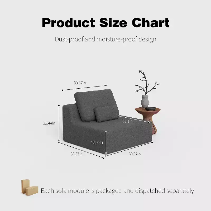 FurnitureR Modular Armless Lounge Chair with Deep Seat, Upholstered Accent Chair for Living Room, Bedroom or Sectional Sofa Setup