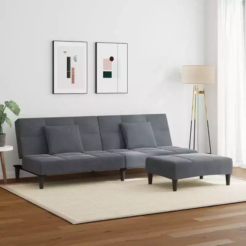 Sofa Bed Dark Grey Velvet, Wood, Plastic Standard Convertible