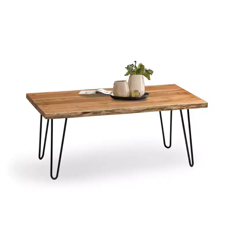 Alaterre Furniture Hairpin Natural Brown Live Edge Wood with Metal Coffee Table