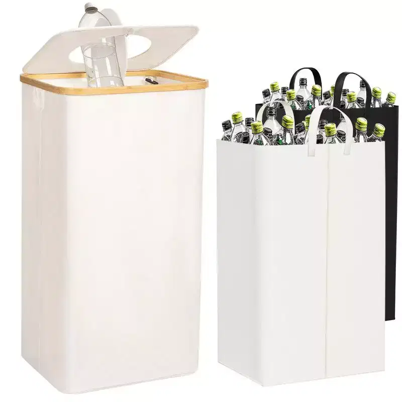 100L Beige Laundry Hamper & Recycling Bin with Lid, 2 Liners, Collapsible, Waterproof