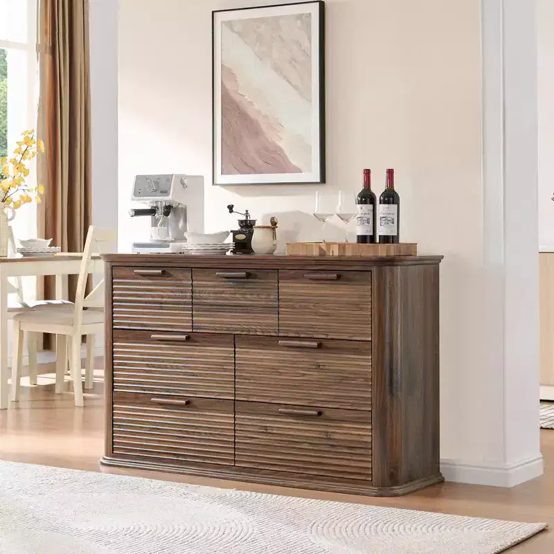 JVNOXK 52 Inch Modern Wooden Seven-Drawer Cabinet, Suitable for Bedroom, with Curved Contour Design, Living Room Storage Cabinet, Walnut