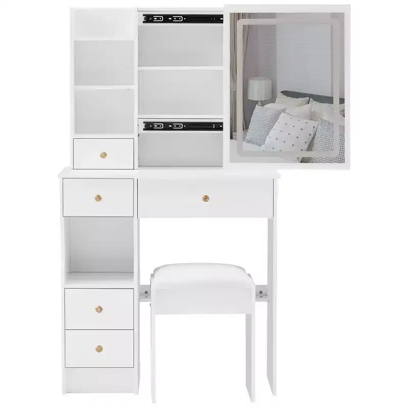 Okak Vanity Tables and Stool Set with 29.2 Small Left-Drawer,Dressing Table with Oversized Touch-Sensitive Sliding LED Mirror,White