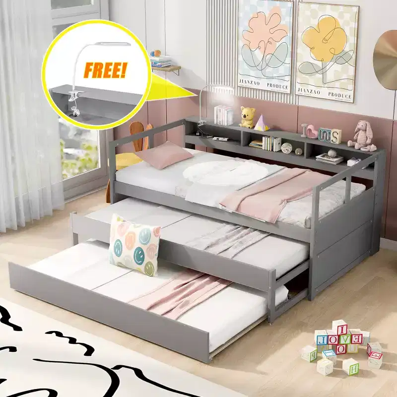 Whisen Twin XL Wood Daybed with 2 Trundles, 3 Storage Cubbies, 1 Light for Free and USB Charging Design