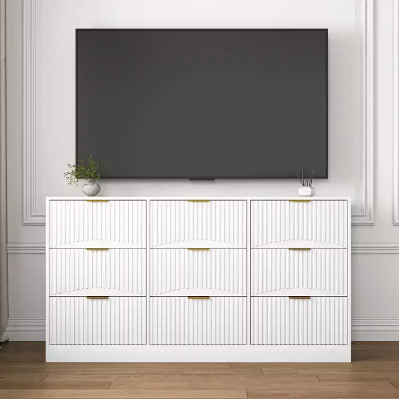 63-inch Large Wooden Nine-Drawer Chest with nine deep drawers, suitable for bedrooms. Drawer fronts feature a wavy pattern. White