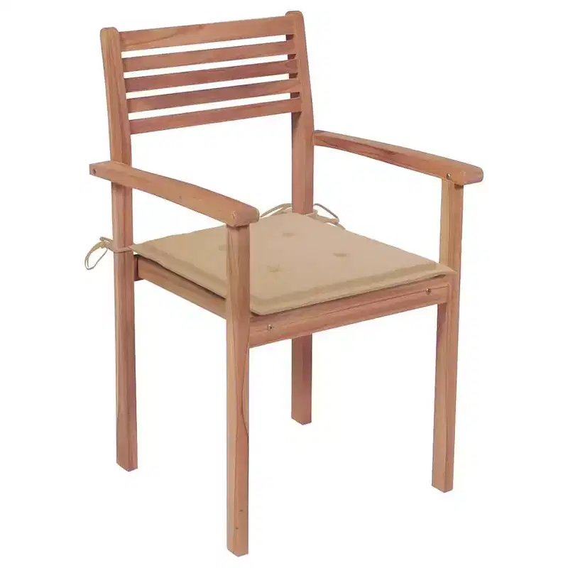 vidaXL Set of 2 Patio Chairs with Beige Cushions - Stackable Outdoor Furniture Made from Solid Teak Wood - Ideal for Homes, Offices, Bars, and Cafes