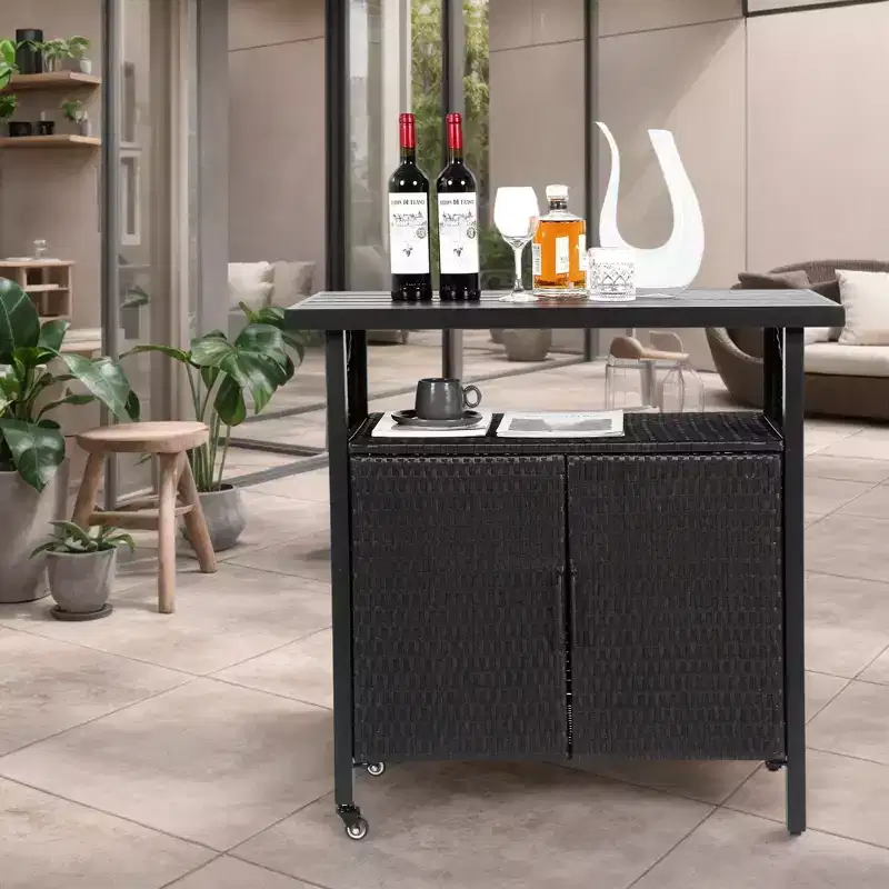 NAYSAYE Bar Serving Cart Outdoor Wicker Wine and Beverage Storage with Plastic Wood Top for Patio , Black, 35.43*19.69*35.43