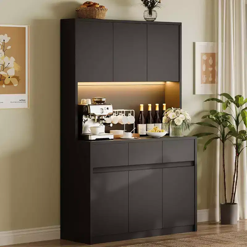 DobleePy 70 Black Farmhouse Kitchen Pantry Cabinet with Charging Station, Microwave Stand, Drawers & Adjustable Shelves, Modern Storage Hutch