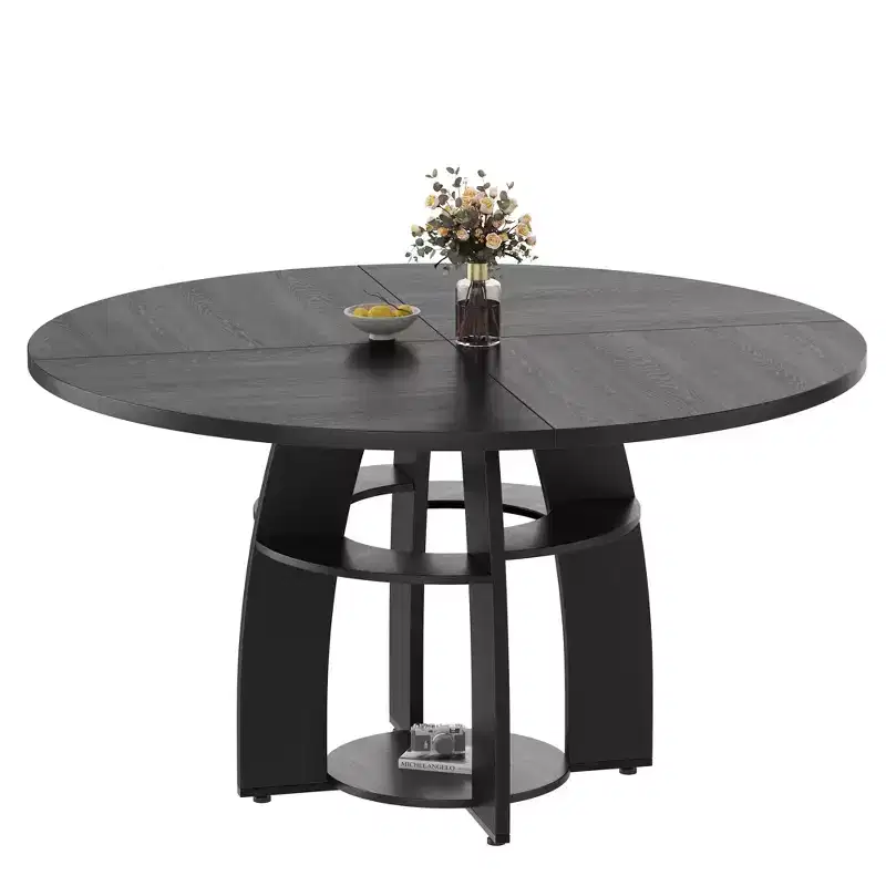 Farmhouse 47 Round Dining Table for 4-6,Wood Kitchen Table with Storage Shelf & Adjustable Feet,Easy Assembly for Dining Room, Living Room,Apartment