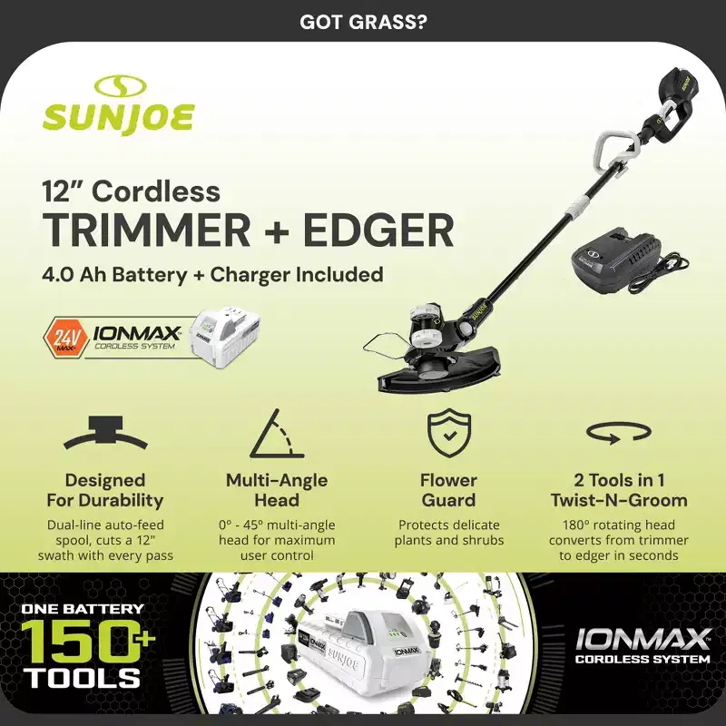 Sun Joe 24V 12 Multi-Angle Head Cordless Dual Line String Trimmer Kit, 24V-ST14
