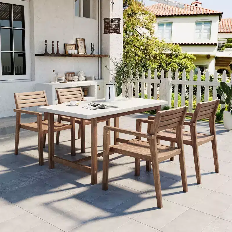 GDFStudio Lena 5 Piece Acacia Wood Outdoor Dining Set with 59 Rectangular Table and Umbrella Hole
