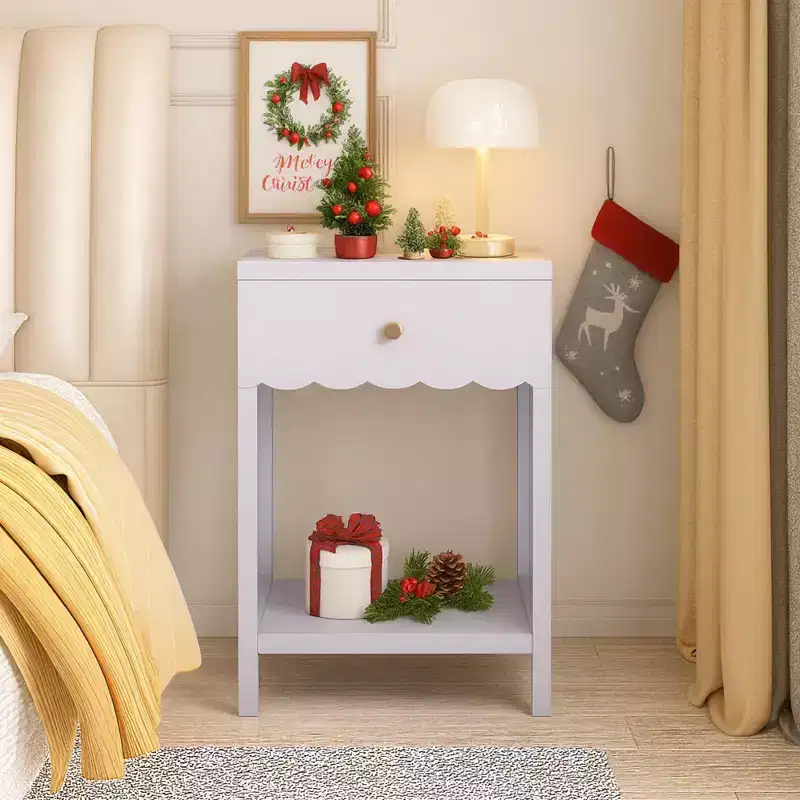 Scalloped Edge Nightstand with Drawer & Open Shelf,Compact Bedside Table,End Table for Bedroom,Kids' Room