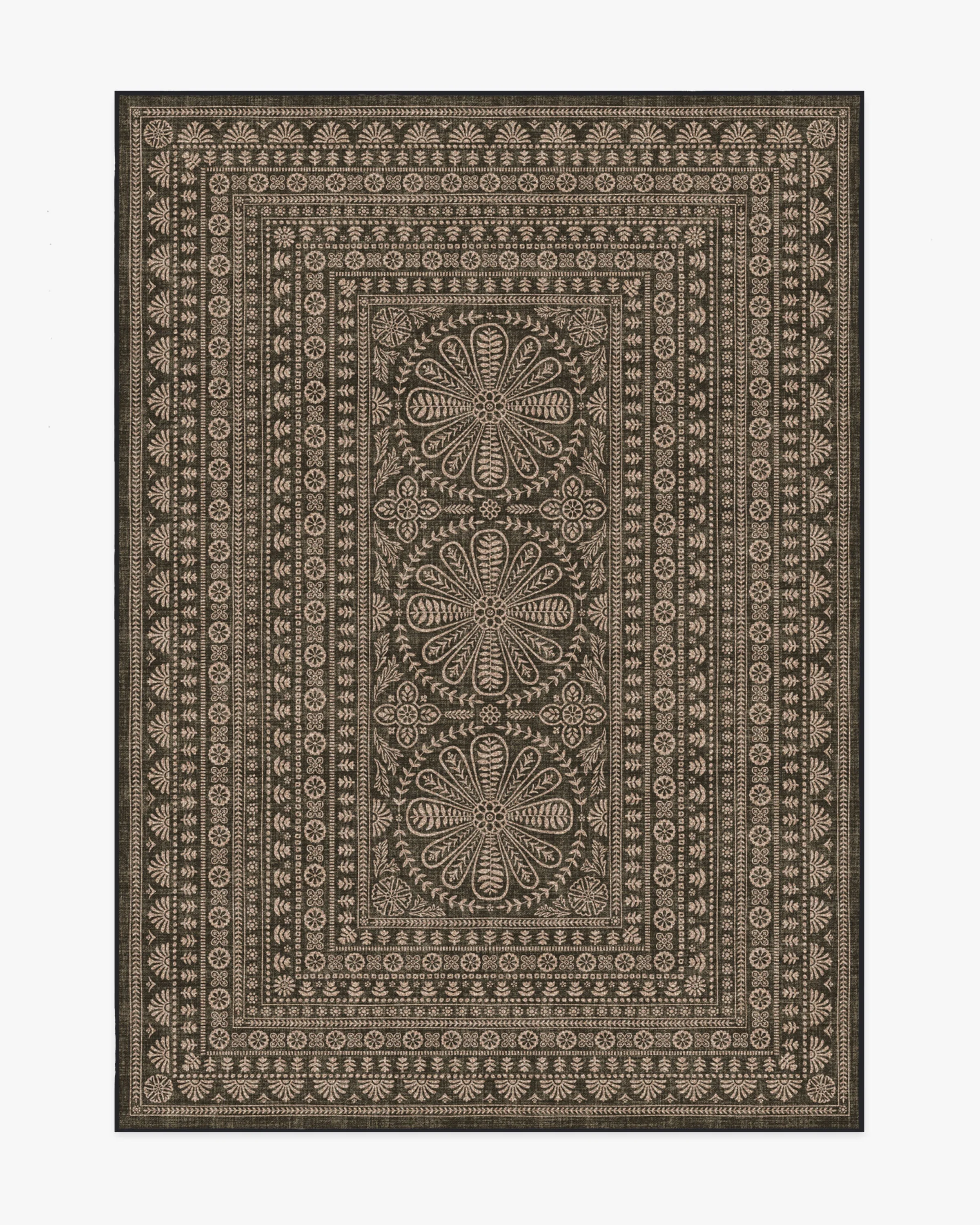 Traditional Artisan Recycled Polyester Flatwoven Rug with Black Floral Border Jute Texture for Living Room & Study