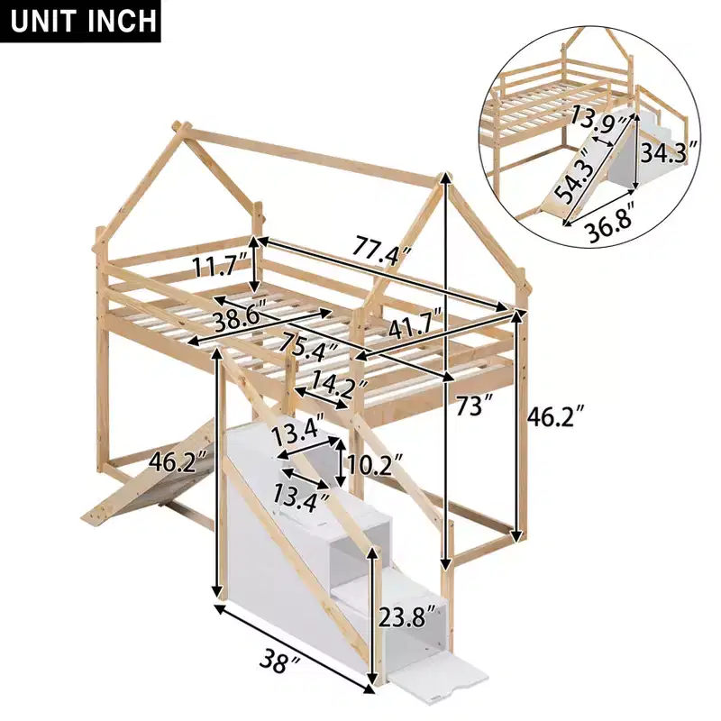 House Bunk Beds with Slide and Storage Stairs, Kids Wood Twin over Twin Bunk Bed with Roof and Stairs for Girls Boys