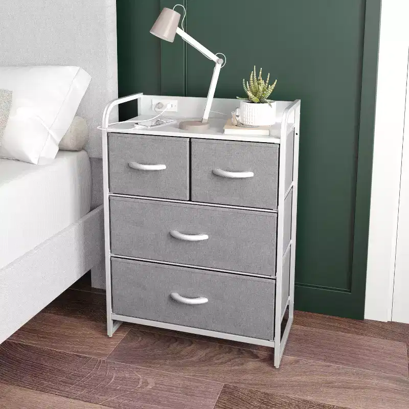 Nightstand with 4 Fabric Drawers, Charging Station with 2 USB Ports and Power Outlet