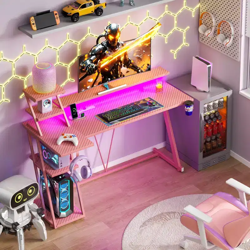 55 Inch Pink Gaming Desk L-Shaped Computer Desk with Shelves and Monitor Stand Gamer Workstation for Small Room Carbon Fiber Design Sturdy Frame