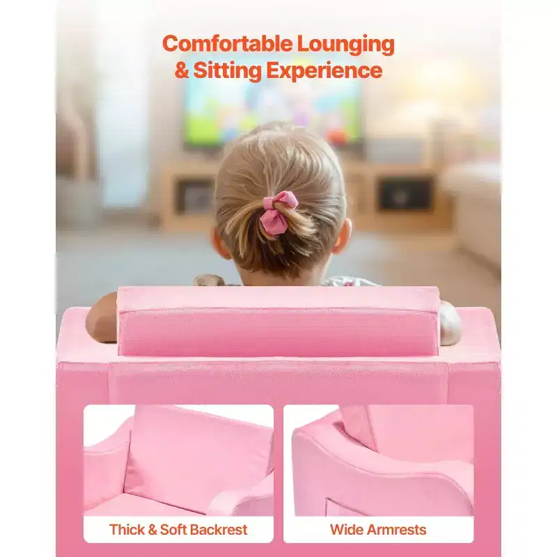 in 1 Kids Sofa Fold Out Toddler Couch Convertible Chair to Lounger with Armrests Pink