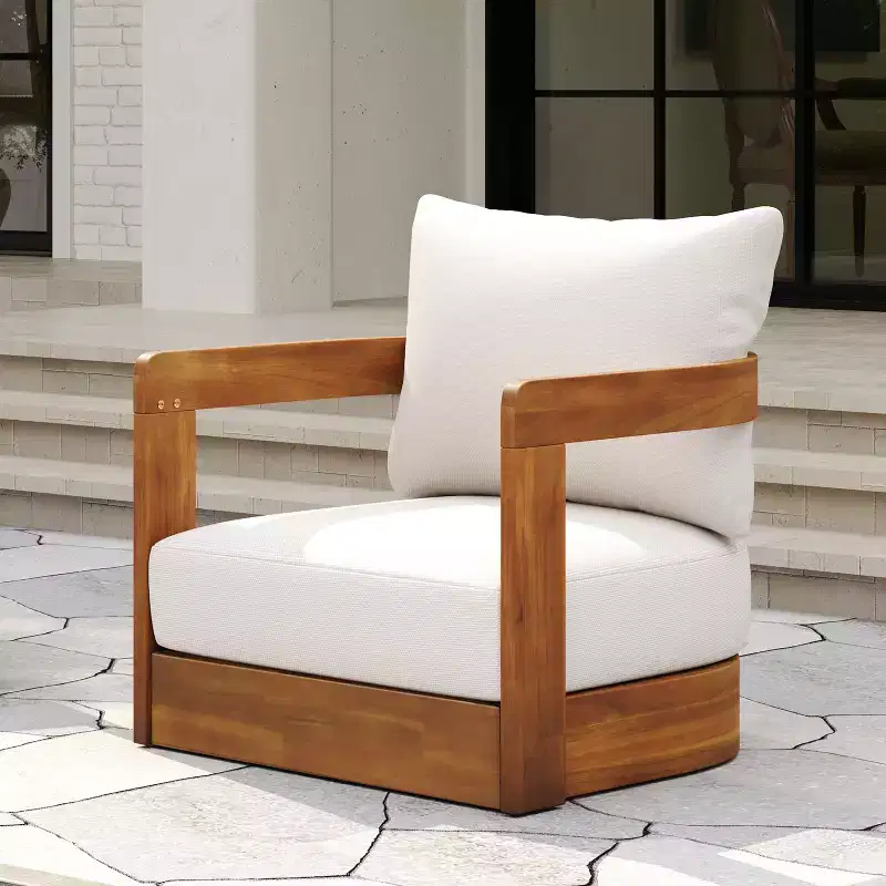 MAYEERTY Premium Acacia Wood Outdoor Club Chair, Curved Tub Design Water-Resistant Cushion All-Weather Chair