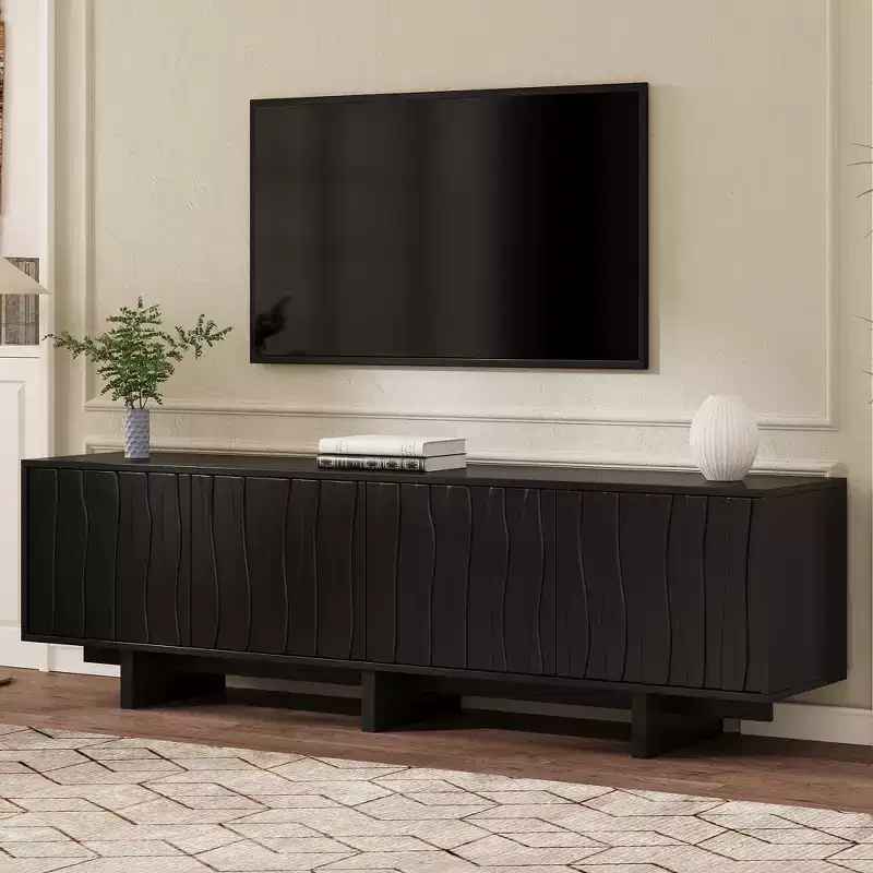 Retro Wood Grain TV Stand with Corrugated Doors, Fits TVs up to 75