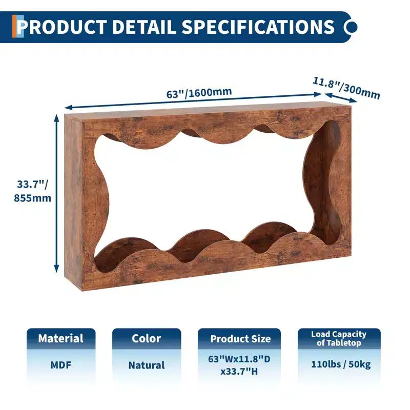 Scalloped Console Table for Entryway, Slim Wooden Modern Sofa Table Behind Couch with Storage Shelf, Hallway TV Console for Entrance, Living Room