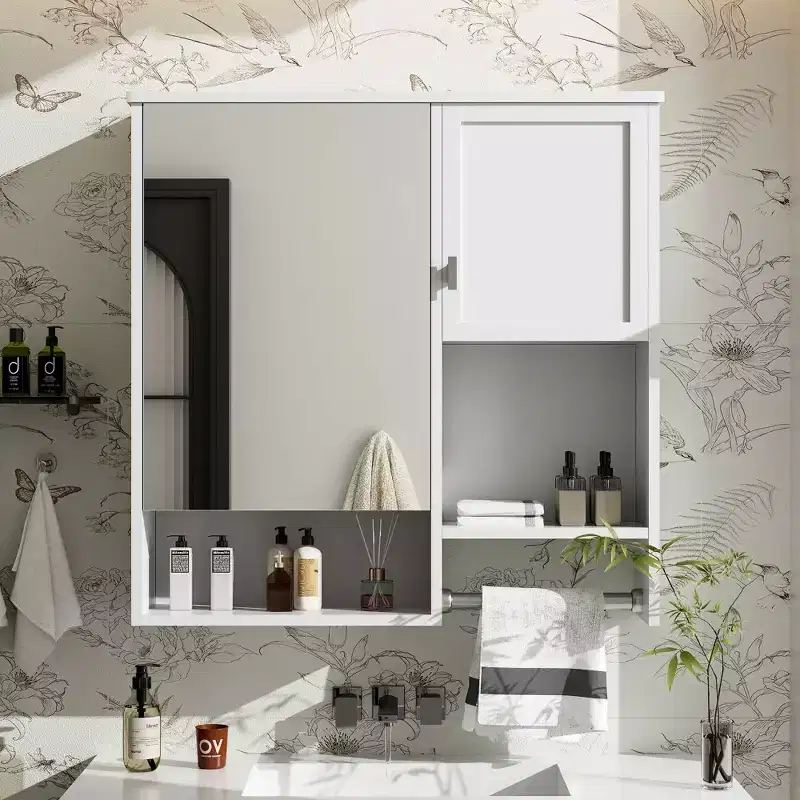 MAYEERTY 27.84 Modern Wall Mounted Bathroom Medicine Cabinet, Bathroom Wall Storage Cabinet with Mirror Towels Bar White