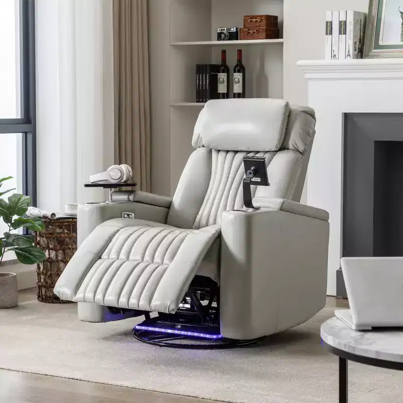 Electric Recliner Chair, 270 Swivel Accent Chair with Storage Arm, LED Light, Cup Holder, Swivel Tray Table and Phone Holder - ModernLuxe