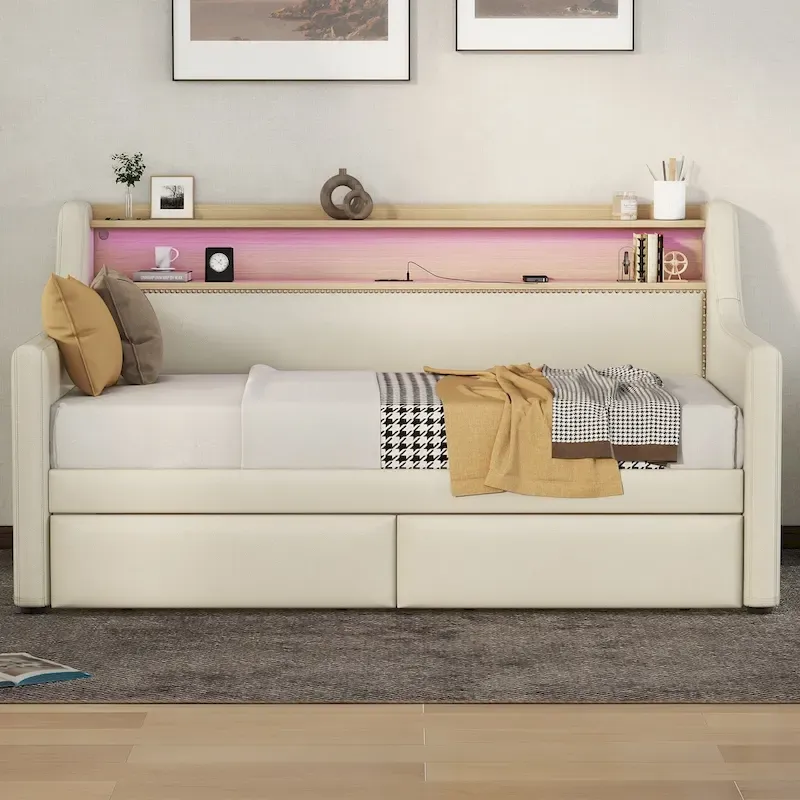 Twin Size Daybed with Storage Drawers and LED Lighting