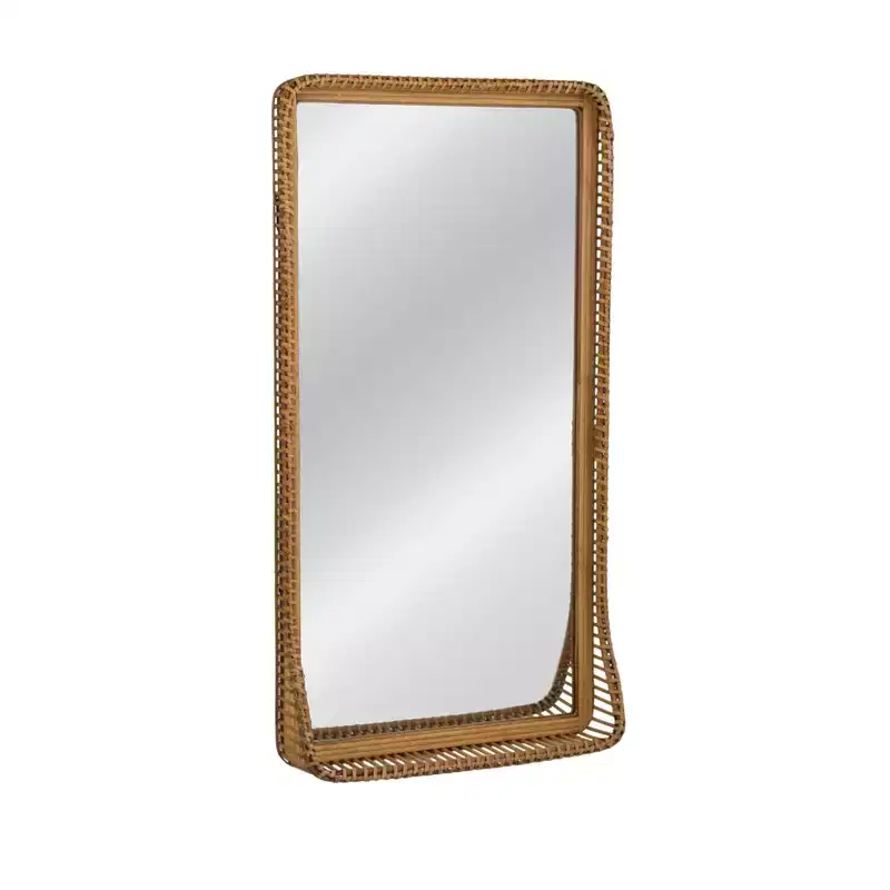 Handwoven Rattan and Bamboo Rectangular Wall Mirror with Shelf, Natural