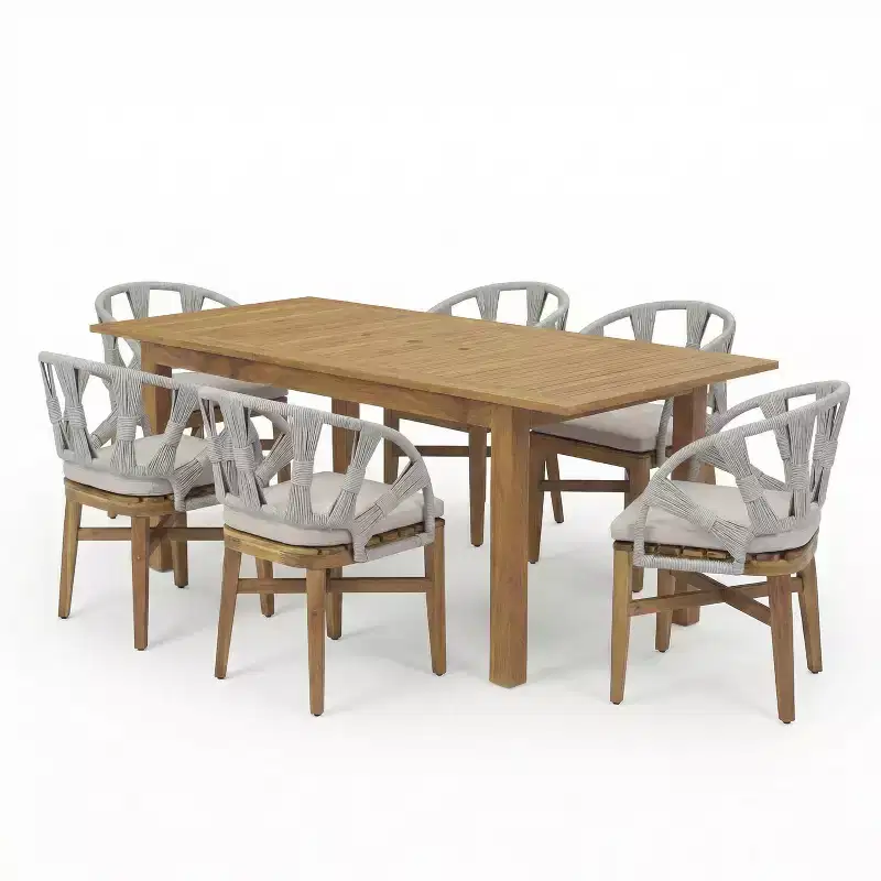 Christopher Knight Home Kenedy 7 Piece Boho Outdoor Acacia Wood Wicker Dining Set with Expandable Slatted Table