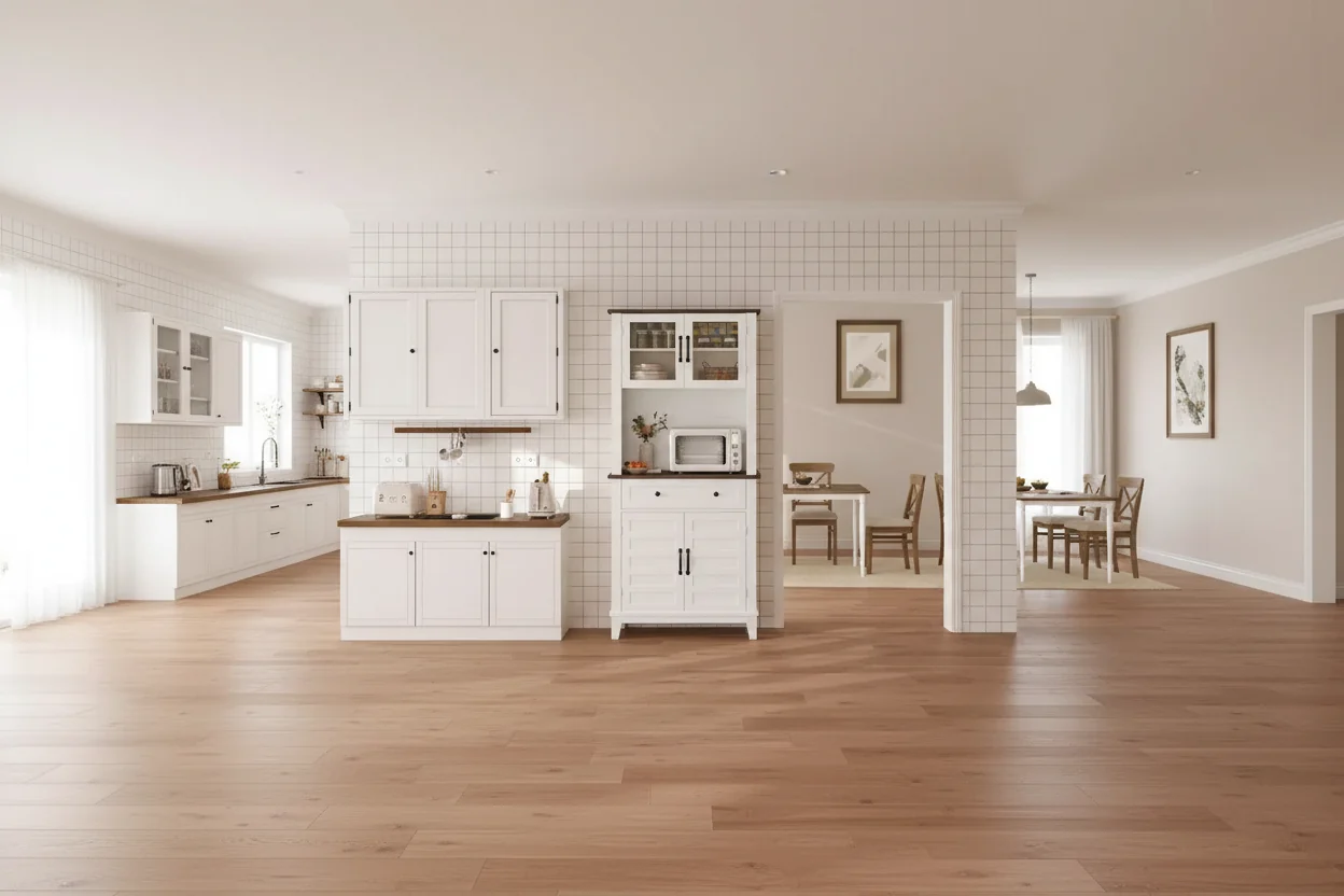 Kitchen Pantry, 72 Farmhouse Coffee Bar Table with Storage Drawers & Glass Doors