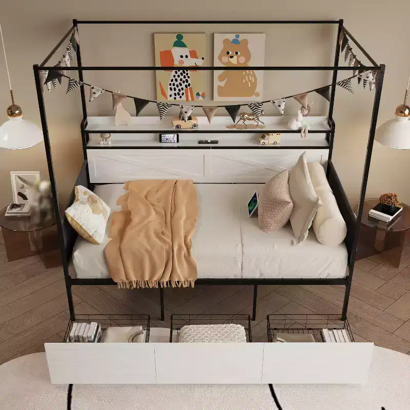 Twin Bed with Trundle, Metal Frame Sofa Bed, Heavy-Duty Metal Slats, Guardrail Shell, Reinforced Structure