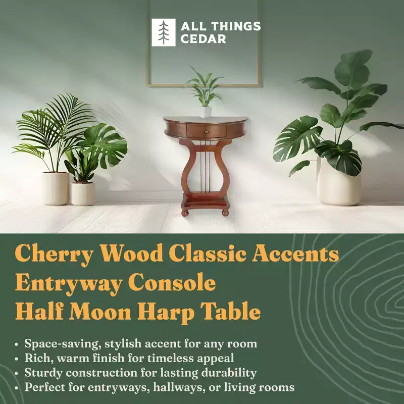 All Things Cedar Wooden Half Moon Harp Console Table with Storage Drawer for Living Room and Entryway Accent Furniture, Classic Accents, Cherry