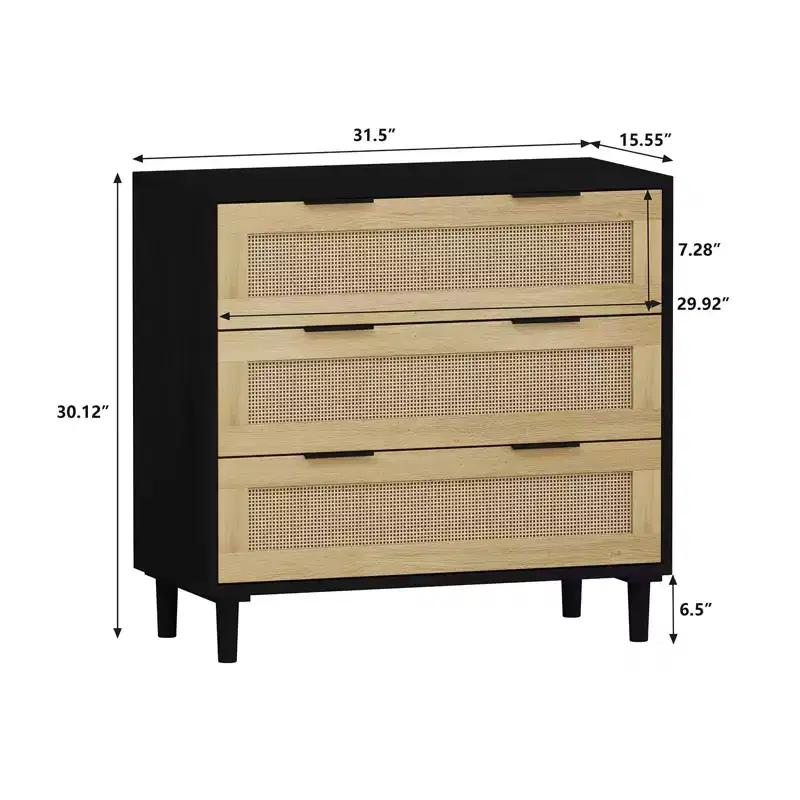 Large Nightstand with Drawers, 31.5'' Rattan Dresser Nightstand with 3 Drawers for Living Room Bedroom