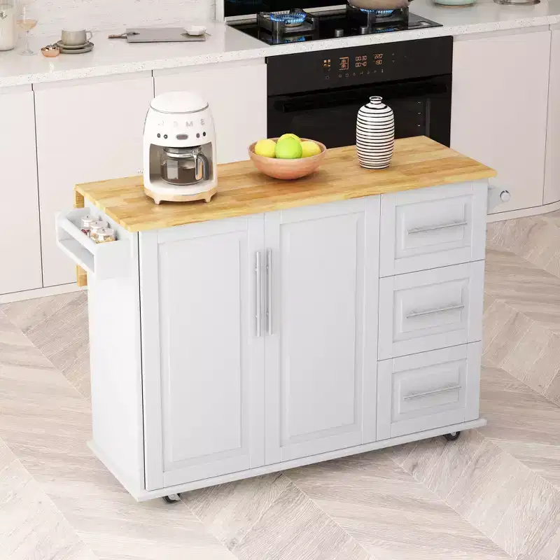 Kitchen Island with Drop-Leaf Countertop & Drawers, Mobile Rolling Kitchen Cart with Racks and Storage Cabinet