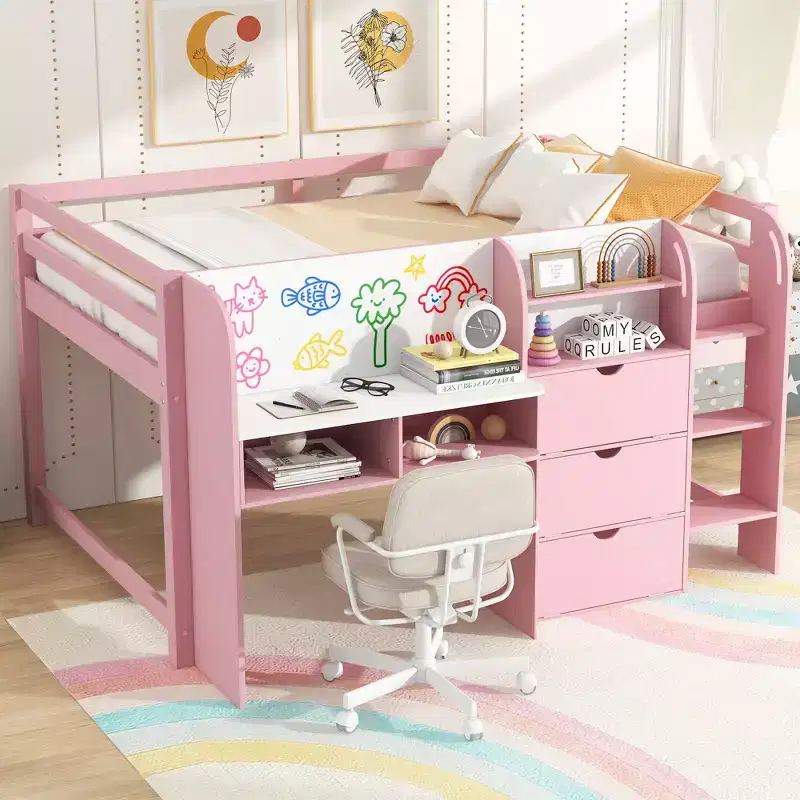 Whisen Full Size Low Loft Bed with Built-in Desk, Storage Cabinets and Open Bookcase