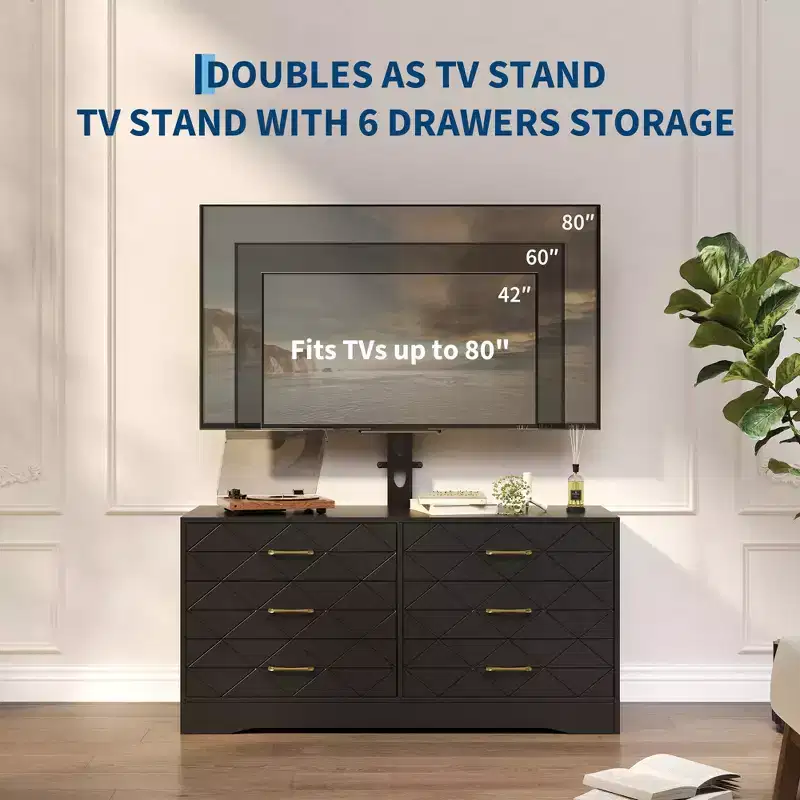 White TV Stand with Mount for 32-80 Inch TVs, 6 Drawer Wood Media Console & Entertainment Center with Height Adjustable Mount, Storage TV Dresser