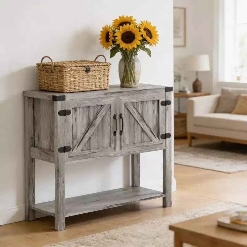 Modern Rustic Storage Cabinet with 2 Barn Doors & Bottom Open Shelf, 35.5