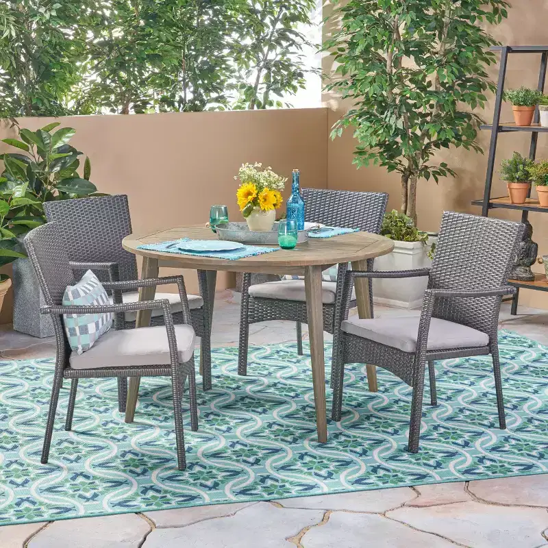 Christopher Knight Home Haley Outdoor Acacia Wood and Wicker 5 Piece Dining Set with Cushion