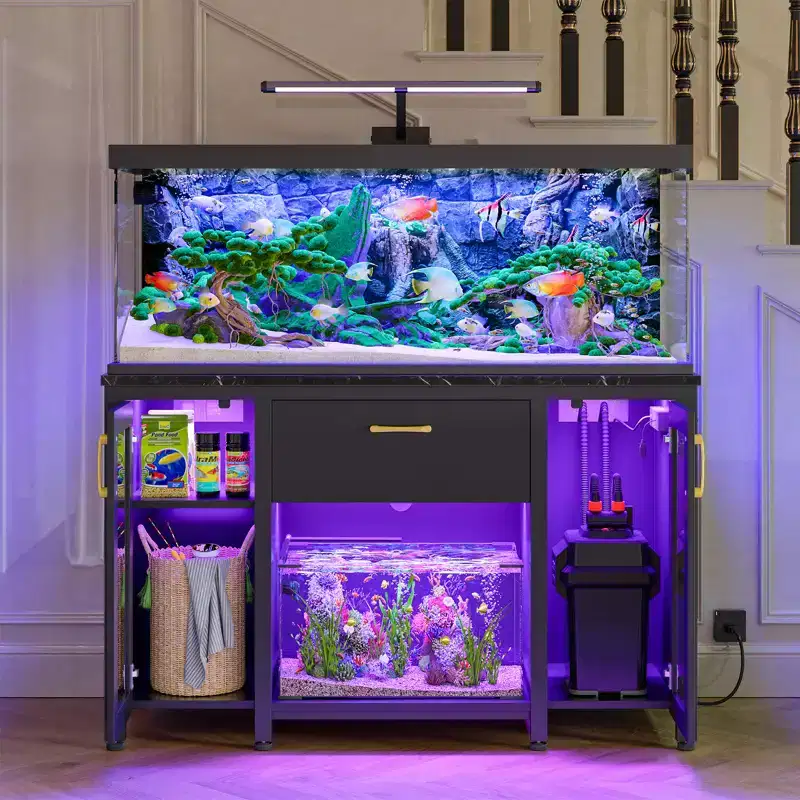 75 Gallon Fish Tank Stand Metal Aquarium Stand with Storage Cabinet & Power Outlets LED Light, 750lbs Capacity, Black