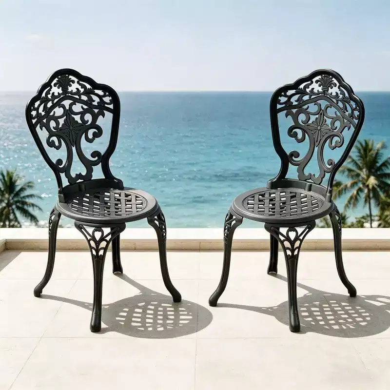 Set of 2 Cast Aluminum Patio Dining Chairs, Black Rust Resistant Frame with Ornate Carved Design