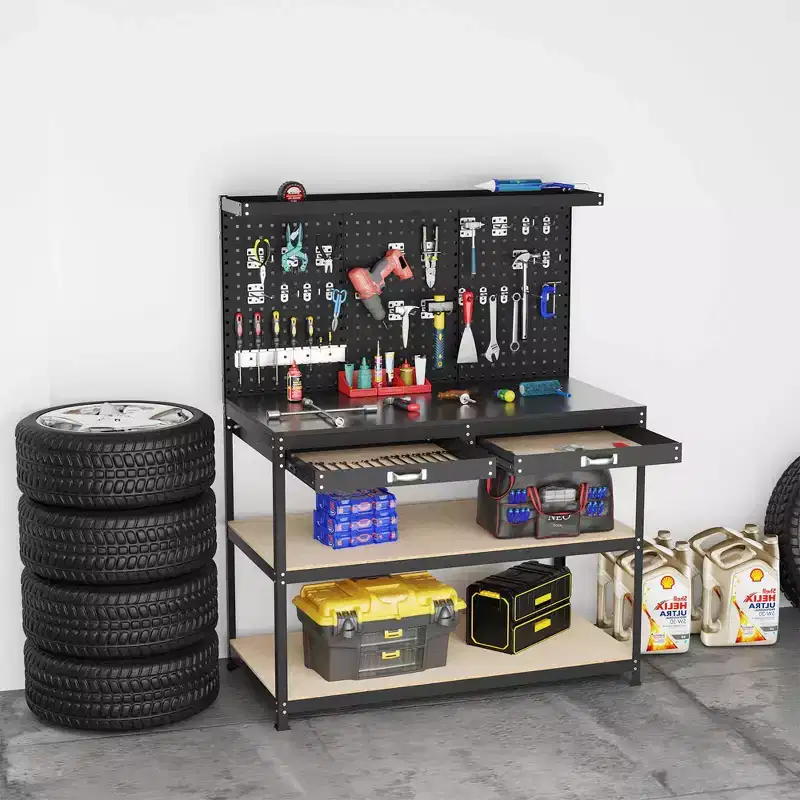 Costway 48 x 24 Workbench Heavy-Duty WorkTable with 3 PCs Pegboard Drawer & Shelves Navy/Black