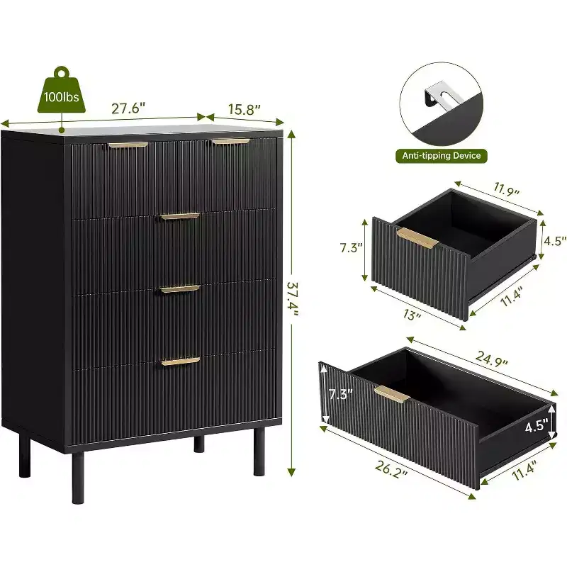 Acekool Wave Fluted 5-Drawer Dresser, 38 Tall Chest with Anti-Tip, Wide 4-Tier Nightstand for Bedroom, Hallway, Entryway, Black