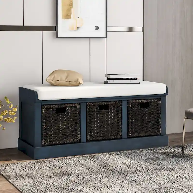 Entryway Bench with 3 Removable Rattan Baskets