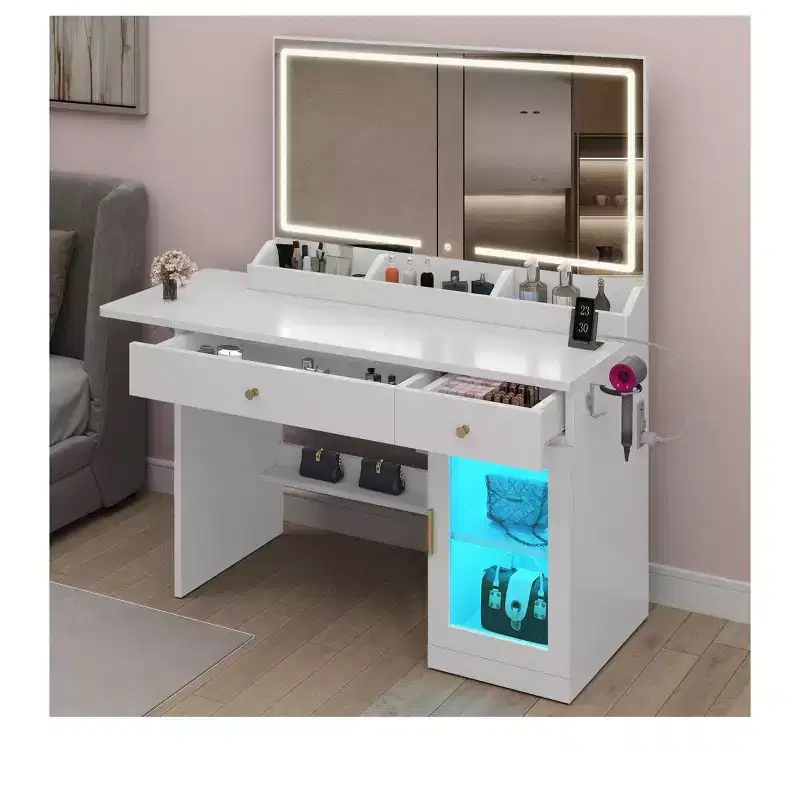 Modern Vanity Desk Makeup Table with Large Mirror 1 Cabinets Foldable Desk 2 Drawers Shelves, Dresser Vanity Desk Set for Bedroom
