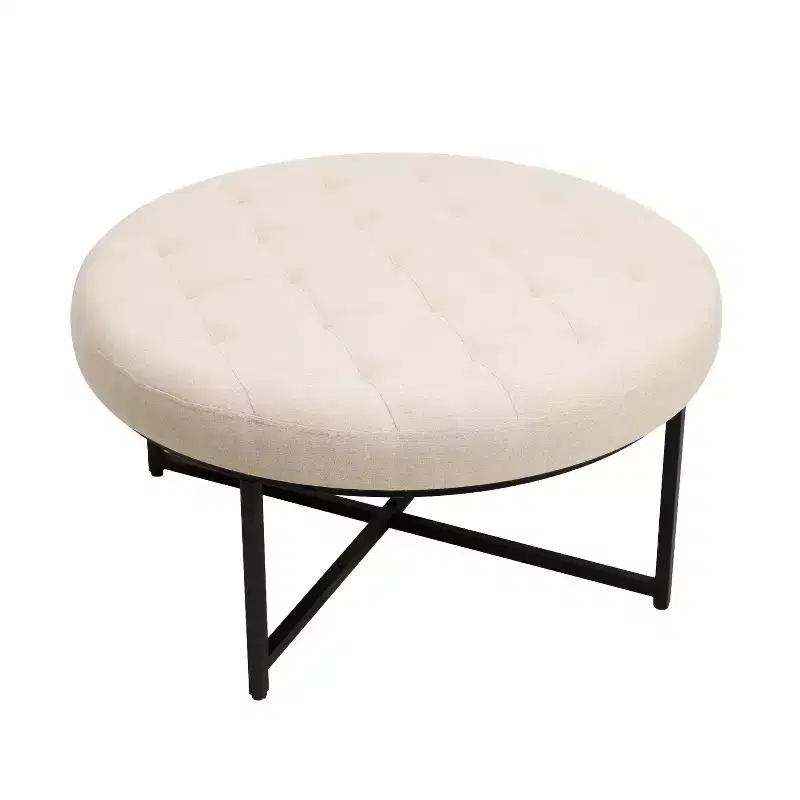Merrick Lane 34-Inch Round Tufted Cotton Linen Ottoman with Durable Metal Frame
