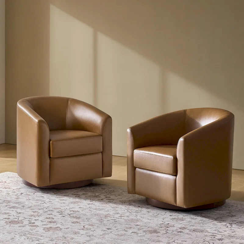 Haley Modern Swivel Barrel Faux Leather Chair with Solid Wood Base Set of 2