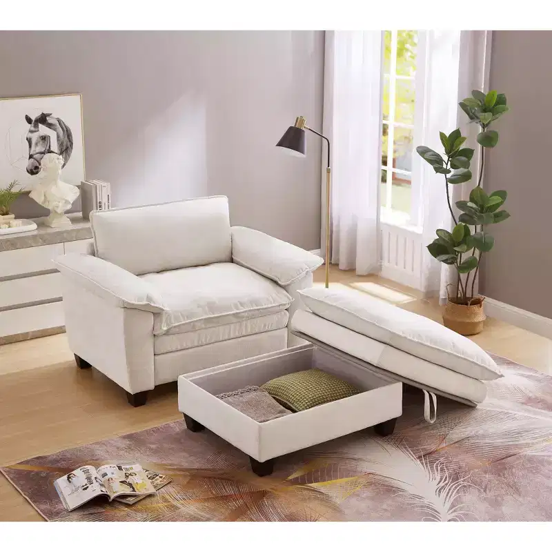 MAYEERTY Chaise Lounge 51 Oversize with Ottoman Plush Chenille Upholstery Black Storage Comfort