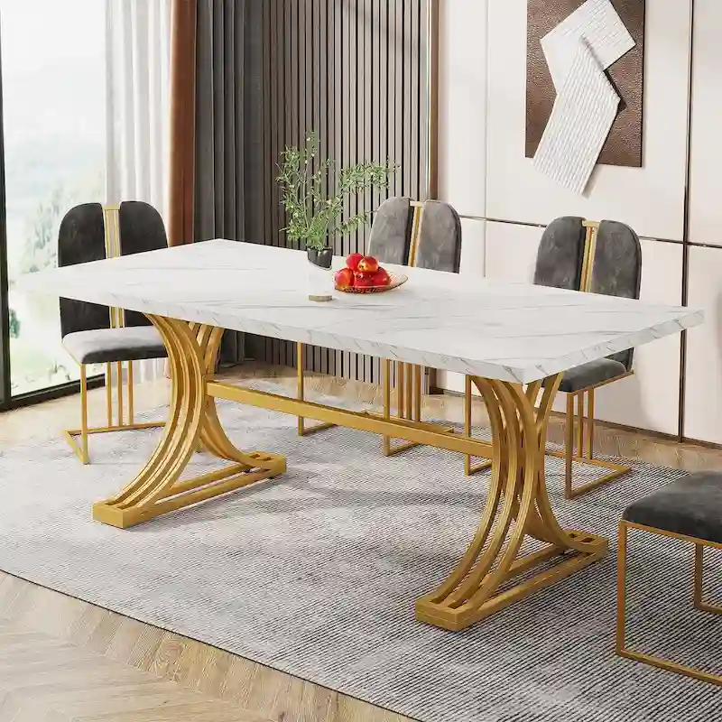 63 Modern Dining Table with Faux Marble Tabletop Golden Frame for Kitchen Dining Room