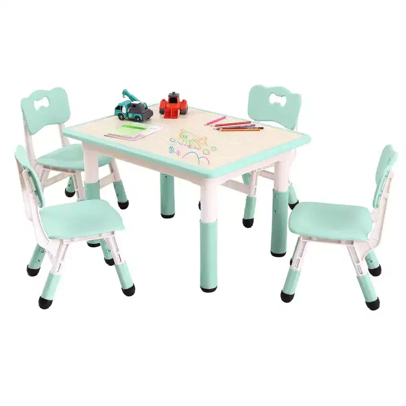Lake Blue Kids Height-Adjustable Table & 4-Chair Set C Foldable Art Craft Desk with Erasable Top for Toddler Learning/Play/Dining