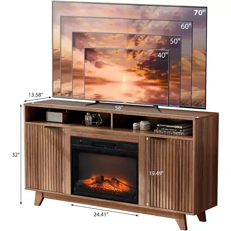 Fireplace TV Stand for up to 70 inch TVs, Fluted Entertainment Center with Electric Fireplace Heater & Adjustable Shelves Open Cabinet