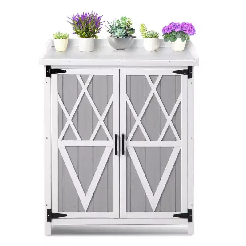 Waterproof storage cabinet, wooden garden workbench with 2 removable shelves, galvanized metal tabletop, suitable for indoor and outdoor use.
